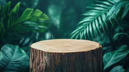 Lush Tropical Foliage Backdrop with Wooden Stump Display