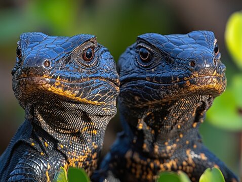 Close-up of two black and yellow lizards with detailed skin and striking eyes