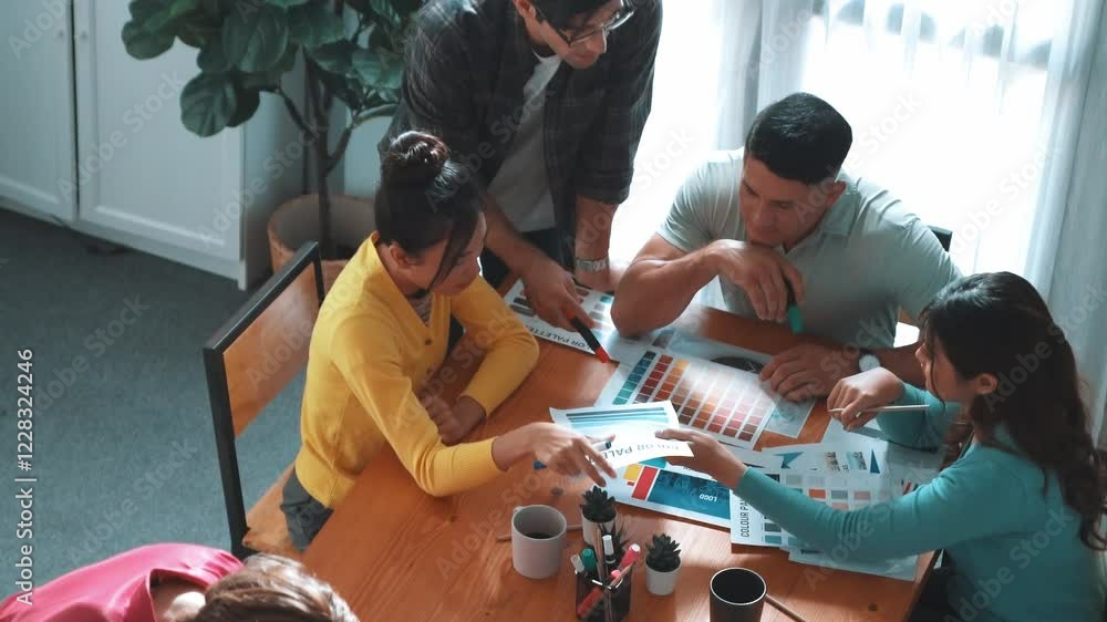 Poster top view of manager writing idea on sticky notes and explain idea about web design. professional mar
