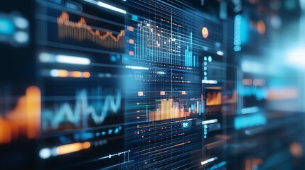 Naklejka premium A vibrant, high-tech visualization of dynamic graphs and data analytics on a digital display, showcasing the intersection of technology and data science in modern applications.
