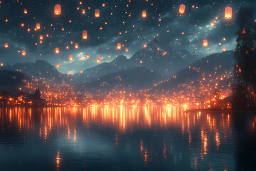 Enchanting night scene of a Lantern Festival with glowing paper lanterns illuminating the dark sky, creating a magical and festive ambiance