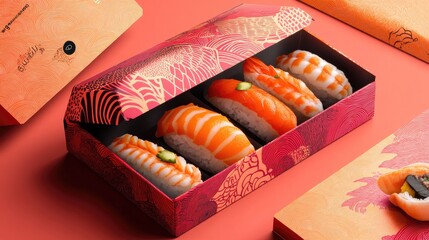 Exquisite sushi set in a decorative takeout box on a coral background
