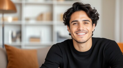 A young man with curly hair smiles warmly in a cozy indoor setting, reflecting a mood of happiness and confidence. His relaxed posture suggests comfort and contentment.