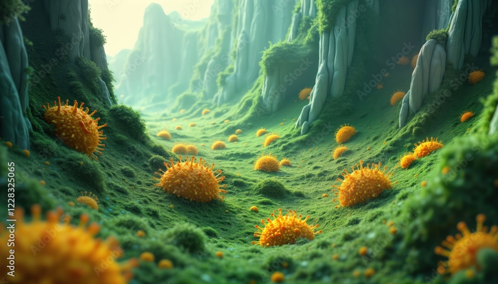 Poster microscopic view shows viral landscape. orange-yellow viruses scattered on green surface. surface re