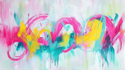 Vibrant abstract painting on canvas with pink, teal, and yellow swirls, dripping paint, and a light background