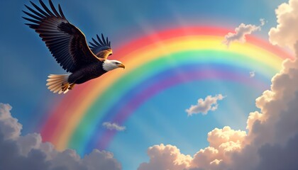 Majestic eagle flies high through vibrant rainbow in sky. Powerful image of freedom, wonder. Eagle soars above colorful arc. Cloudscape. Sunrise sunset sky. Symbol of strength, leadership. Nature