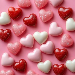 Fototapeta premium Border of pink and red hearts on soft pink background. Great for cards, advertisements, and social media posts.