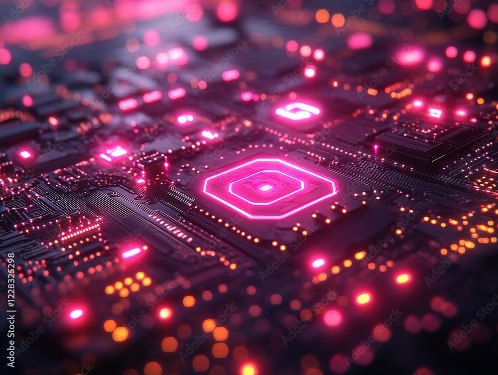 Poster close-up of a glowing circuit board, showing complex electronics with a blurred background