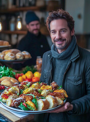Chef presents a colorful platter of freshly cooked food at a cozy market setting during the morning hours