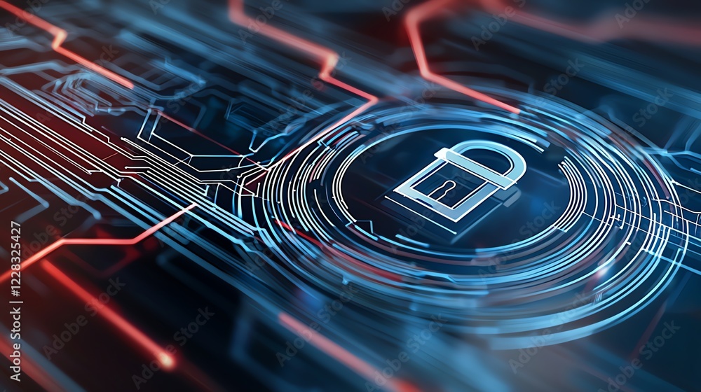 Poster an abstract digital representation featuring intricate circuits and a lock symbol, emphasizing cyber