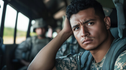 A young army recruit sits in a military bus, contemplating the upcoming deployment. His focused expression shows deep concern as he prepares for war zone service
