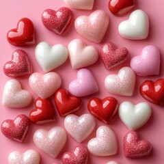 Obraz premium Border of pink and red hearts on soft pink background. Great for cards, advertisements, and social media posts.