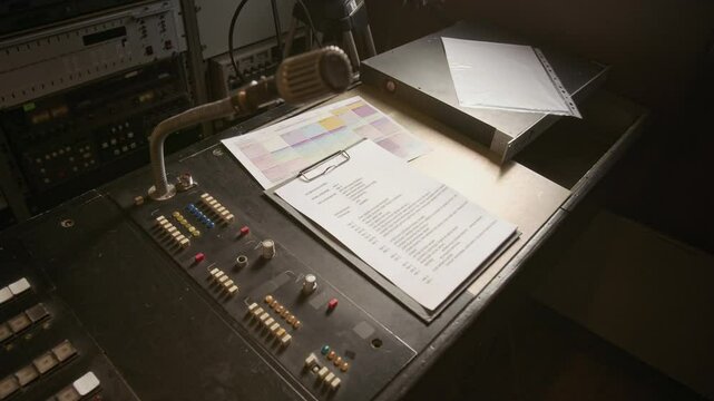 Medium zoom-in shot of news show script and broadcasting plan, on production control desk of editor in TV vehicle, next to microphone and audio mixing console, before live broadcast