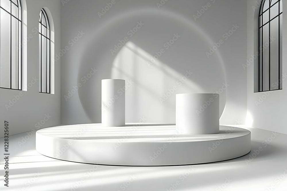Poster white cylinders on a circular platform in a minimalist studio setting