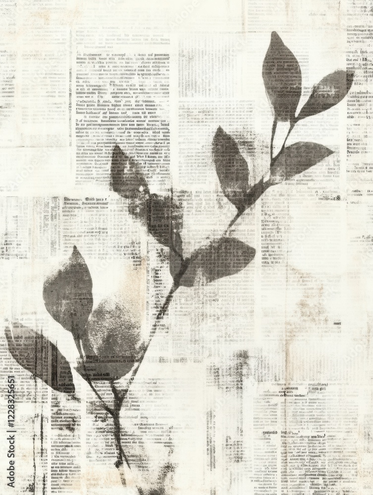 Aufkleber vintage newspaper clippings with an artistic overlay of botanical elements showcasing layered textur
