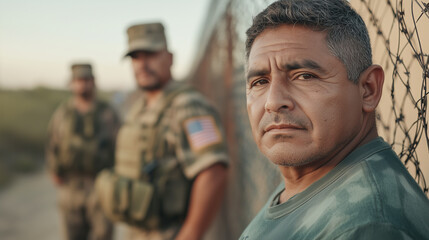 Fototapeta premium Solemn mexican man confronted by looming deportation, deportation fear destroying families, deportation crisis fueling urgent debate on immigration rights across US border states.