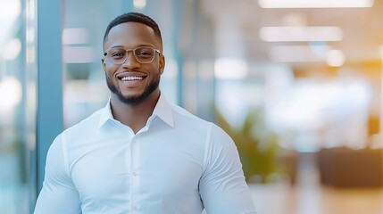 Obraz premium Confident young man smiling in a modern office setting. He is wearing glasses and a white shirt, radiating professionalism and approachability in a bright work environment.