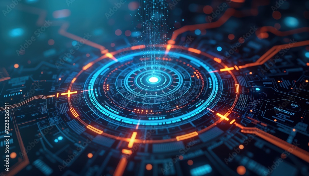 Aufkleber Digital display shows glowing circular interface with data flowing. Modern tech design with bright orange, blue light effects. Complex circuitry patterns surround central hub. Abstract representation