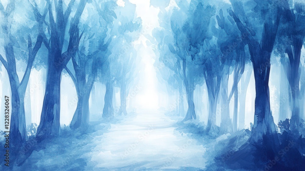 Poster serene blue forest pathway with soft light filtering through trees, evoking tranquility and calmness