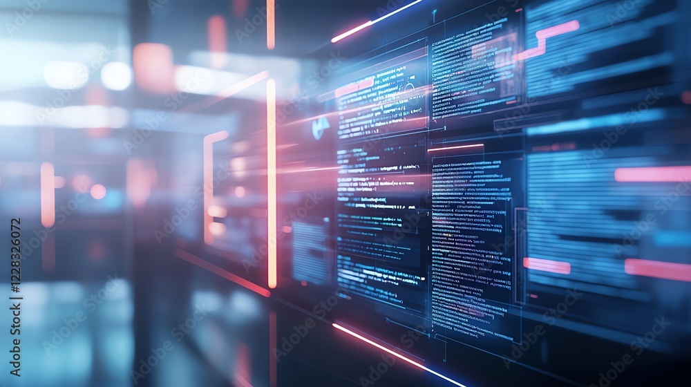 Aufkleber futuristic digital interface showcasing vibrant data streams and coding in a high-tech environment