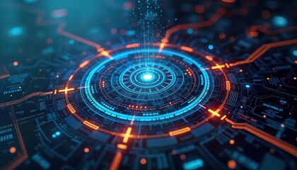 Obraz premium Digital display shows glowing circular interface with data flowing. Modern tech design with bright orange, blue light effects. Complex circuitry patterns surround central hub. Abstract representation