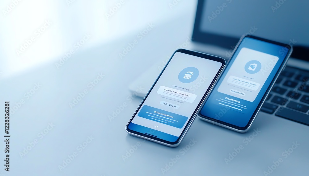 Poster two smartphone devices displaying authentication screens on a workspace table, representing digital 