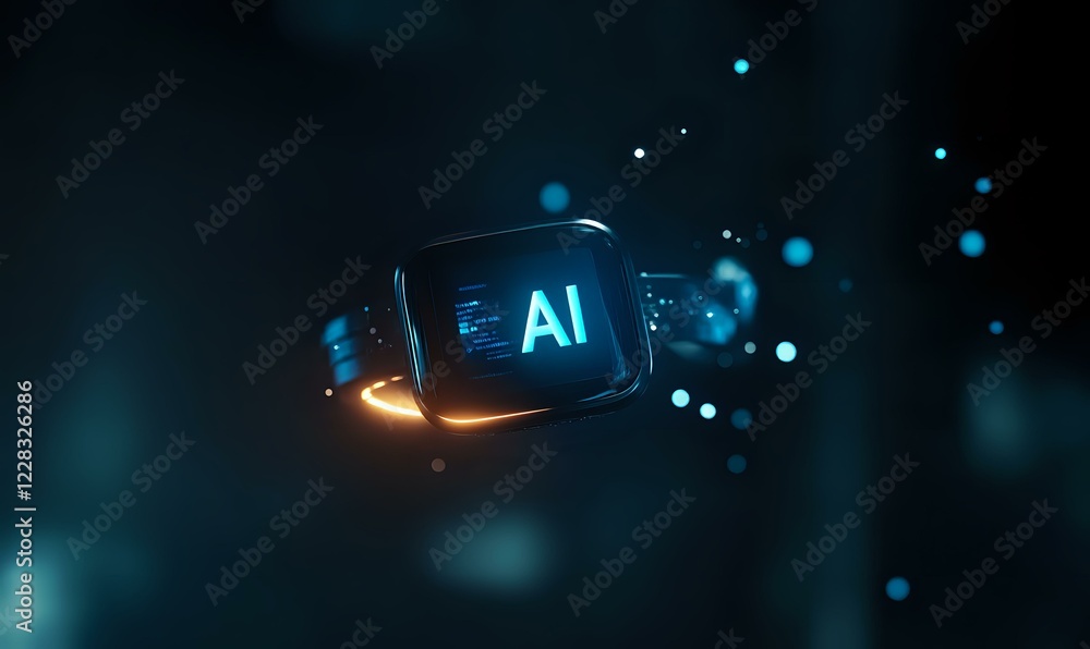 Poster futuristic glowing ai text on dark glass surface with blue bokeh lights and golden illumination, rep