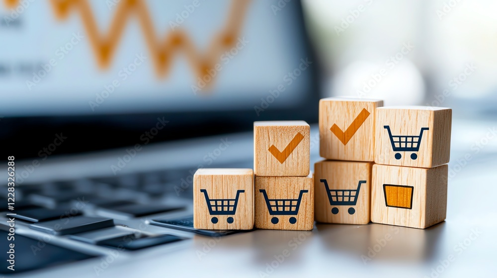 Poster wooden blocks depicting shopping carts and check marks, arranged on a laptop keyboard with a graph i