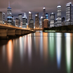 A bustling city skyline at night, with illuminated skyscrapers reflecting in a nearby river.