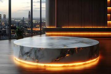Round Marble Podium with Warm Lighting and City Night View