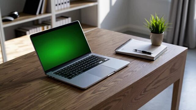 A high-quality 4K cinematic shot featuring a sleek, modern laptop with a vibrant green screen mock-up, placed neatly on a minimalist wooden desk in a well-lit office. 