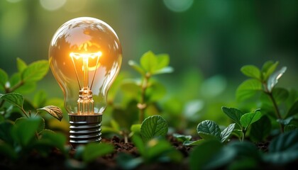 Eco friendly energy source. Bright lightbulb shines in nature. Green plants grow around lightbulb. Sustainable energy solution. Rising energy costs. Global concern. World market electricity prices