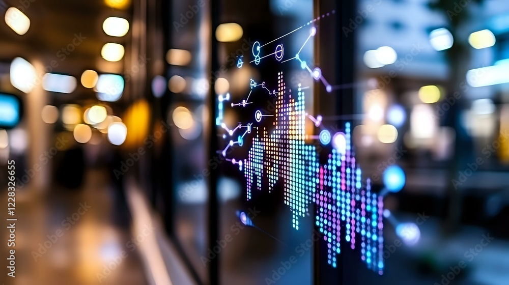 Poster financial data visualization with glowing charts and graphs displayed on blurred urban background wi
