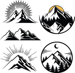 Set of Mountain Logos with Sun, Moon, and Forest Elements