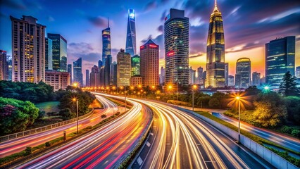 Fototapeta premium Rush Hour City Skyline: Blurred Lights & Highway Trails Stock Photo
