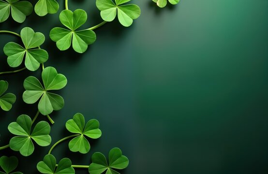 Fresh clover leaves arranged in border pattern on dark green background. Bright vibrant green clover leaves create natural frame. Suitable for holiday themes like St Patricks Day. Versatile template