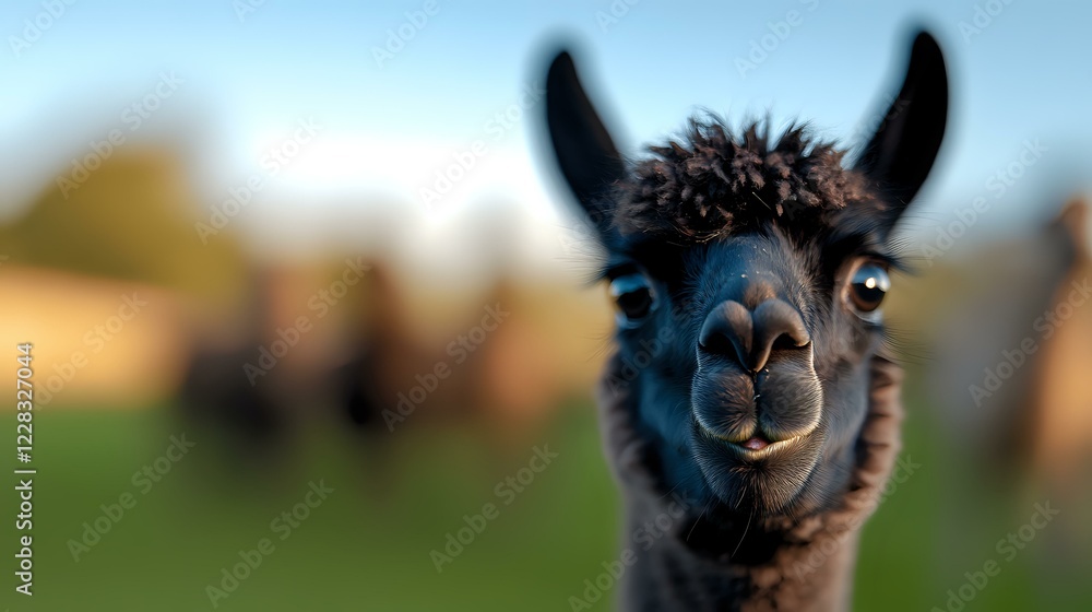 Poster close up portrait of black alpaca with curious expression looking directly at camera against blurred