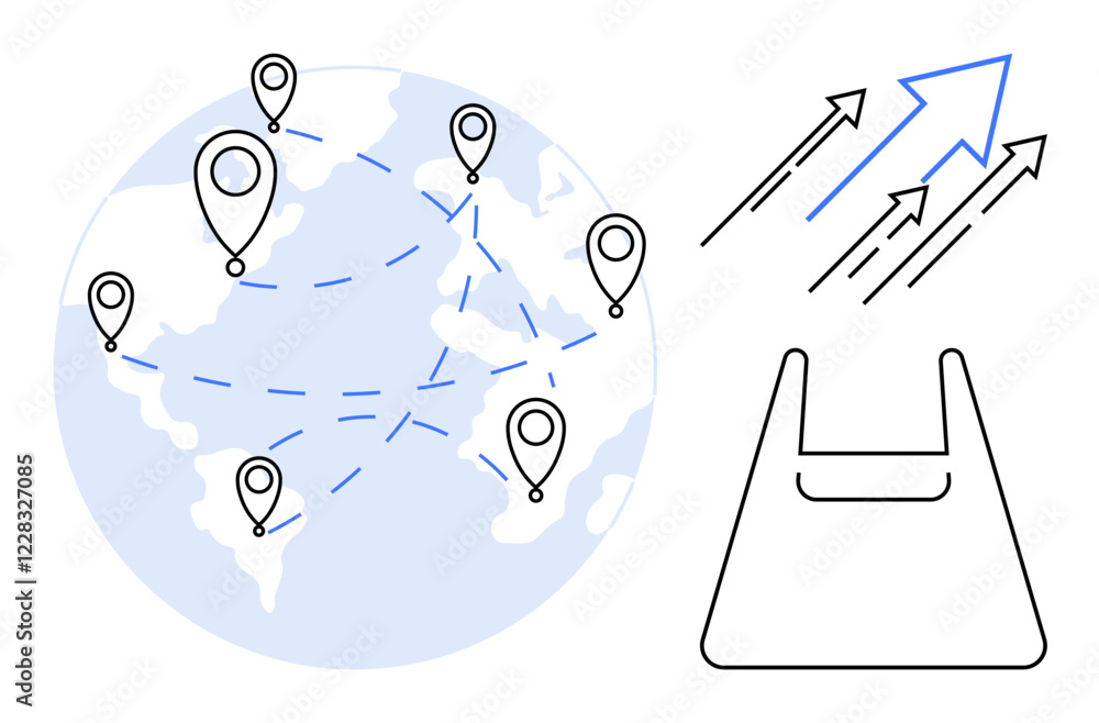 Poster world map with location pins, dashed lines connecting them, alongside arrows pointing upward and a s