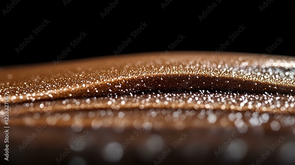 Poster macro shot of dark liquid surface with sparkling bubbles and golden highlights creating abstract tex