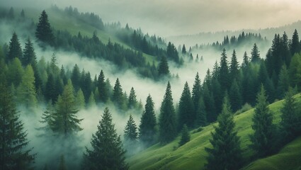 Obraz premium Mountains covered with green forests and meadows