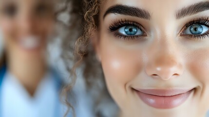 Close up portrait of young woman with bright blue eyes, natural makeup, curly hair and gentle smile against blurred background. Beauty and skincare concept.