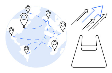 World map with location pins, dashed lines connecting them, alongside arrows pointing upward and a shopping bag. Ideal for global trade, logistics, market expansion, strategy, online shopping
