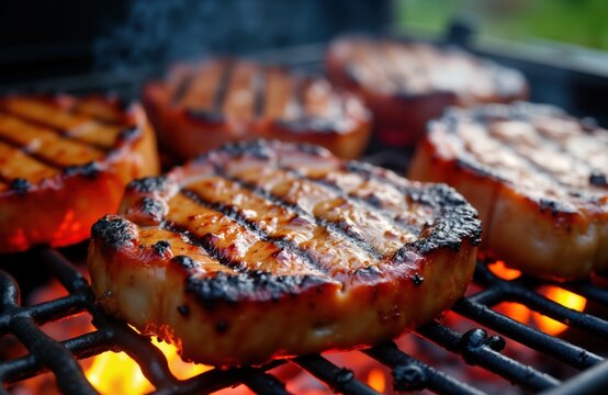 Juicy pork chops cook on hot grill. Closeup view shows grill marks and smoky flavors. Outdoor barbecue. Delicious food. Perfect summer meal. Tasty meat. Barbecue party. Flavorful grilling.