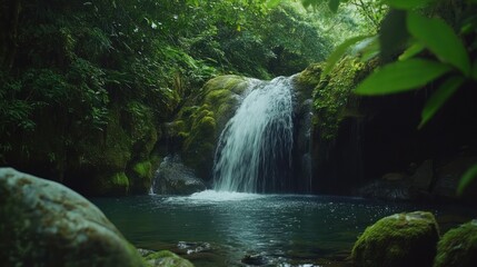 Lush rainforest waterfall cascades into tranquil pool