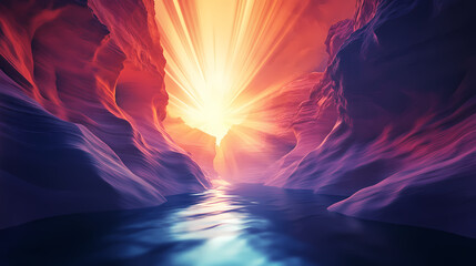 Fototapeta premium Mystic canyon light beams in serene landscape. Serene Canyon. Illustration