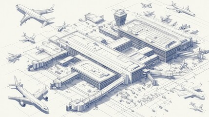 Detailed Isometric Blueprint Illustration of a Modern International Airport Complex with Numerous Airplanes.