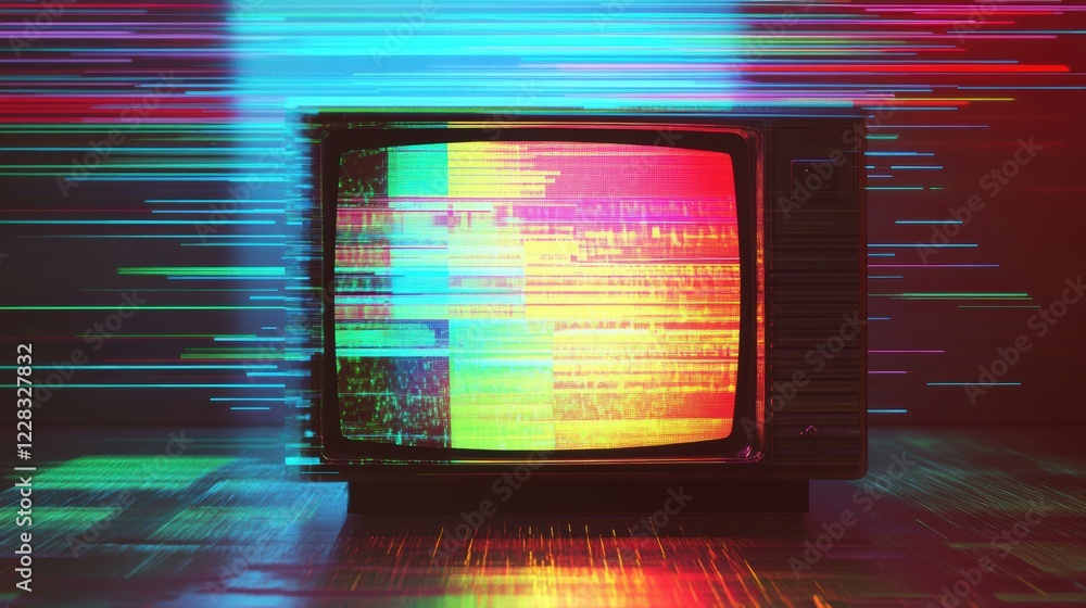 Aufkleber retro television screen displaying colorful glitch patterns and static noise in a vivid and dynamic 