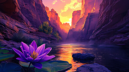 Radiant lily blooms in serene canyon at sunrise, evoking tranquility. radiant canyon. illustration. Serene Canyon. Illustration