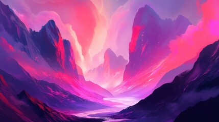 Vibrant Digital Landscape with Majestic Mountains and Ethereal Sky at Dusk