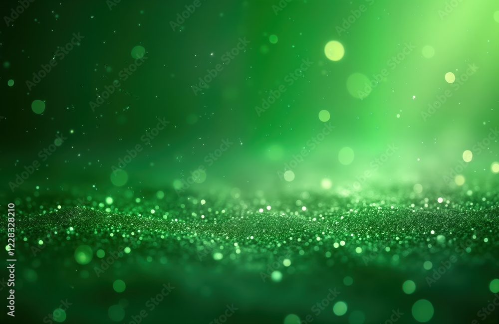 Poster Green glitter particles create sparkling effect on solid green background. Mesmerizing visual displays shimmering lights. Perfect for eco design projects party themes. Abstract photo with vibrant